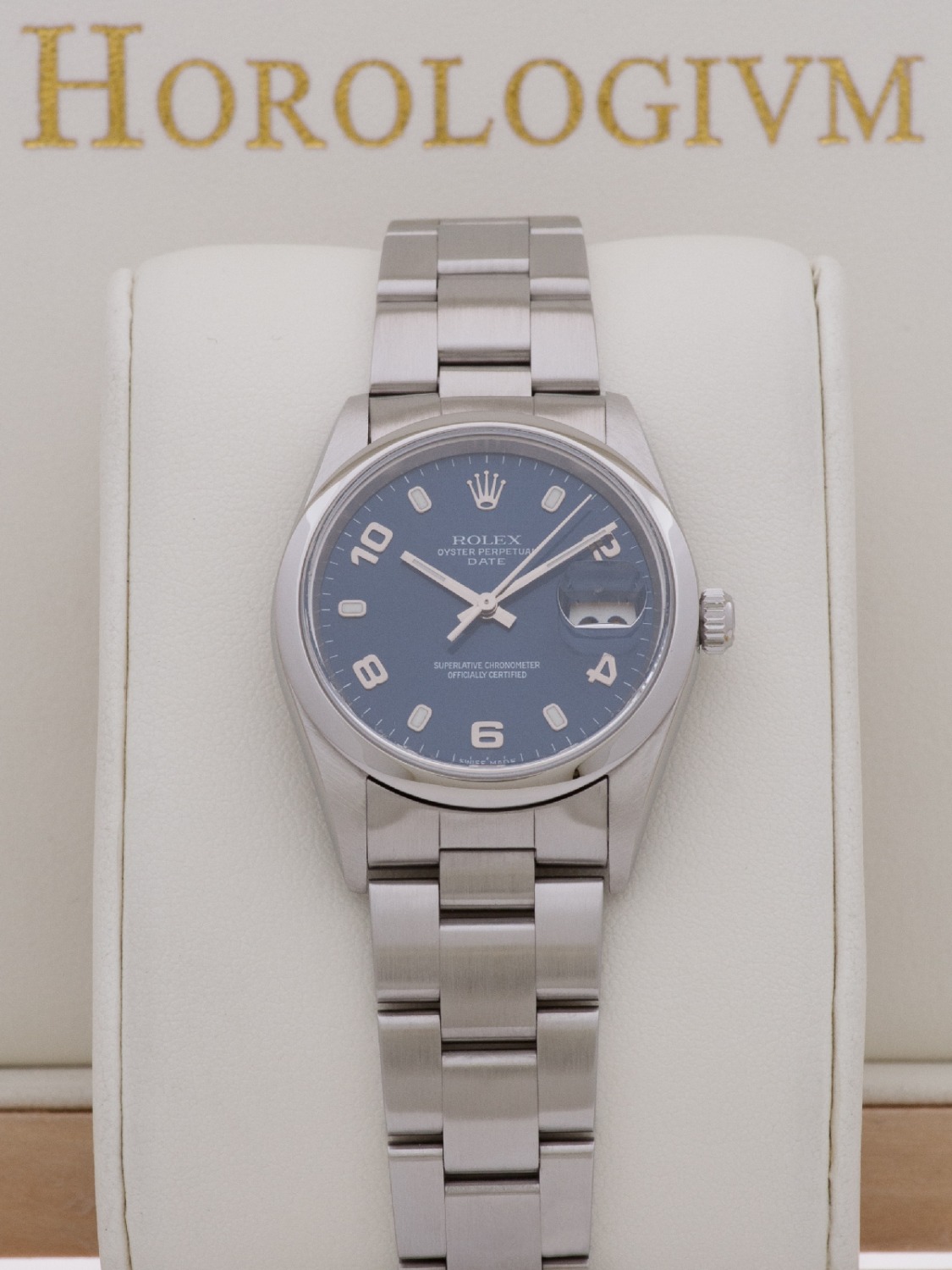 Rolex Oyster Perpetual Date Blue Dial 34MM watch, silver