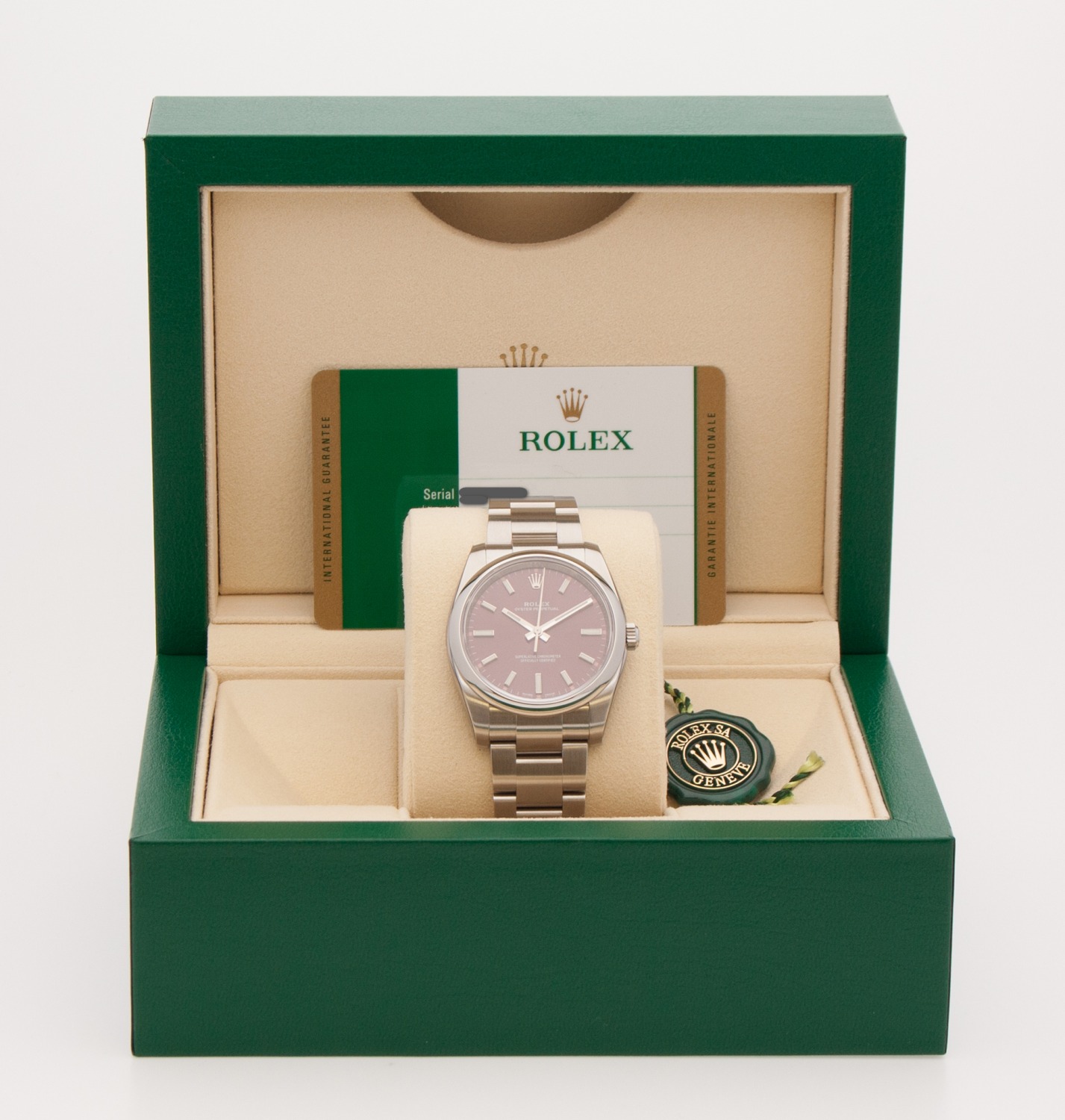 Rolex Oyster Perpetual 34 MM “Red Grape” watch, silver