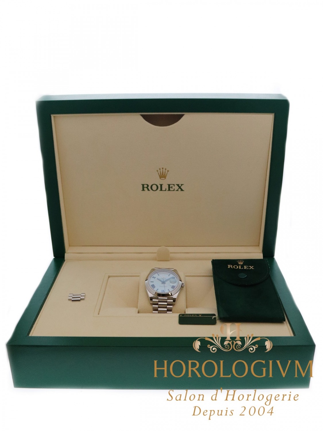 Rolex Day-Date 40 Platinum Ice Blue Roman Dial watch, silver