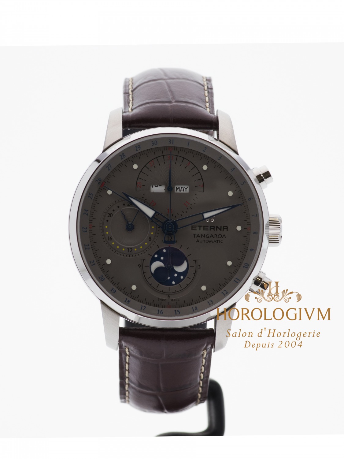 Eterna Tangaroua Moon-Phase Triple Date Chronograph watch, silver