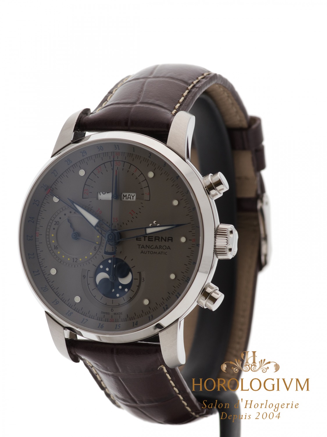 Eterna Tangaroua Moon-Phase Triple Date Chronograph watch, silver