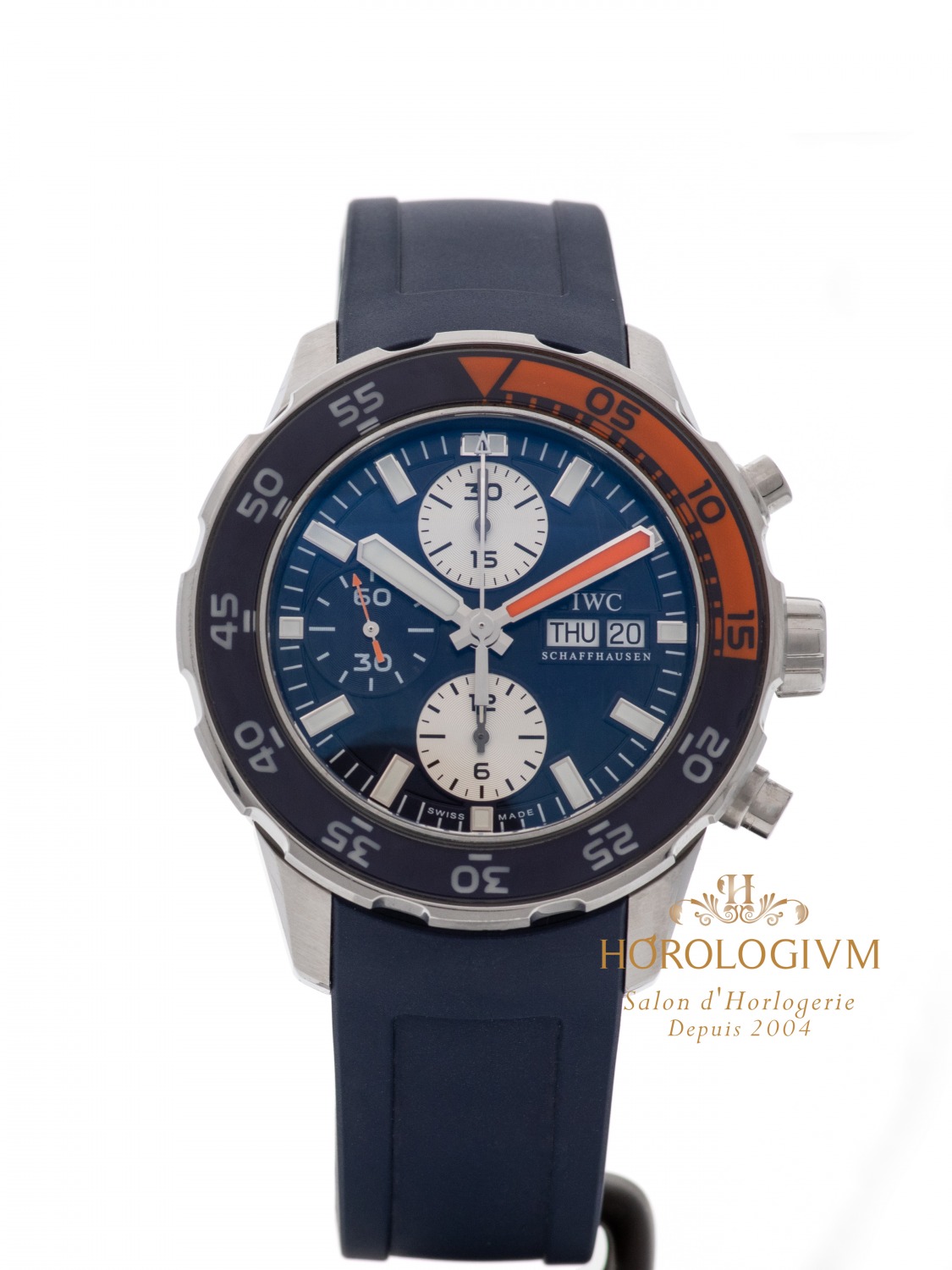 IWC Aquatimer Day-Date Chronograph 44MM Ref. IW376704 watch, silver (case) and silver & blue + 1/4 orange (bezel)