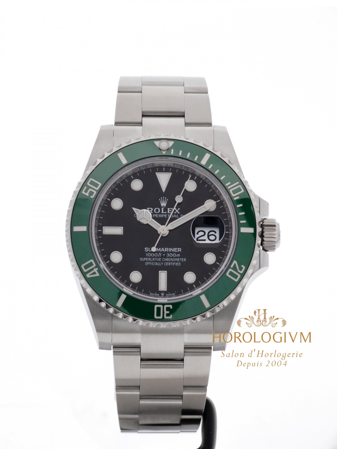 Rolex Oyster Perpetual Date Submariner 41MM Ref. 126610LV watch, silver (case) and silver & green cerachrom / ceramic (bezel)