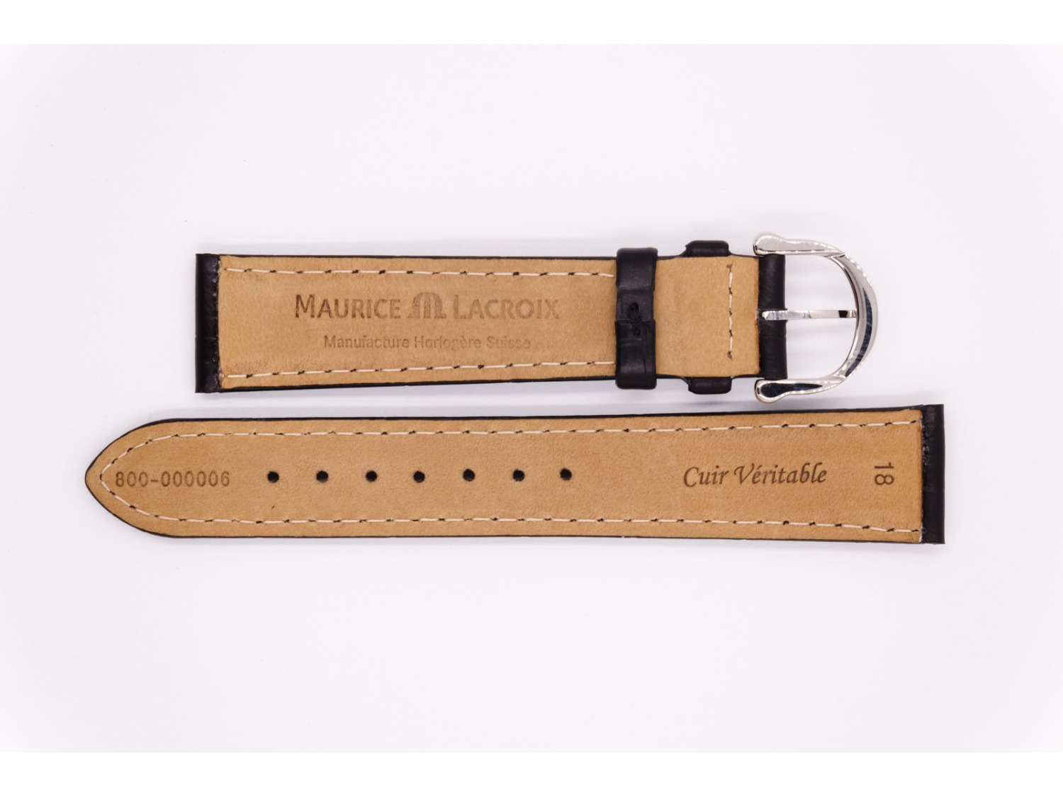 Crocodile Leather Maurice Lacroix strap, black, with silver stainless steel buckle